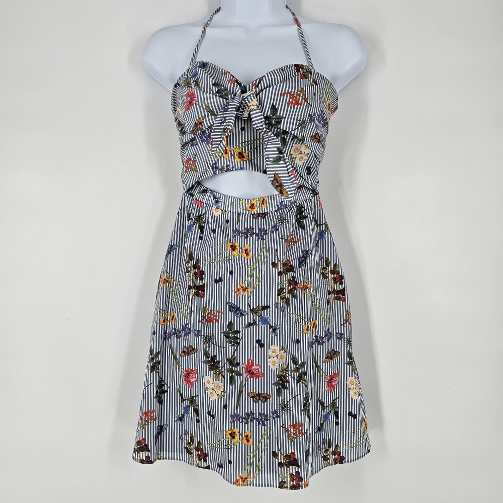 Bailey 44 English Garden Striped Floral Print Cutout Halter Mini Dress Size 0